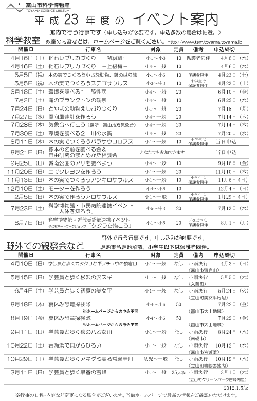 「平成23年度（2011年度）　行事のご案内」チラシ表